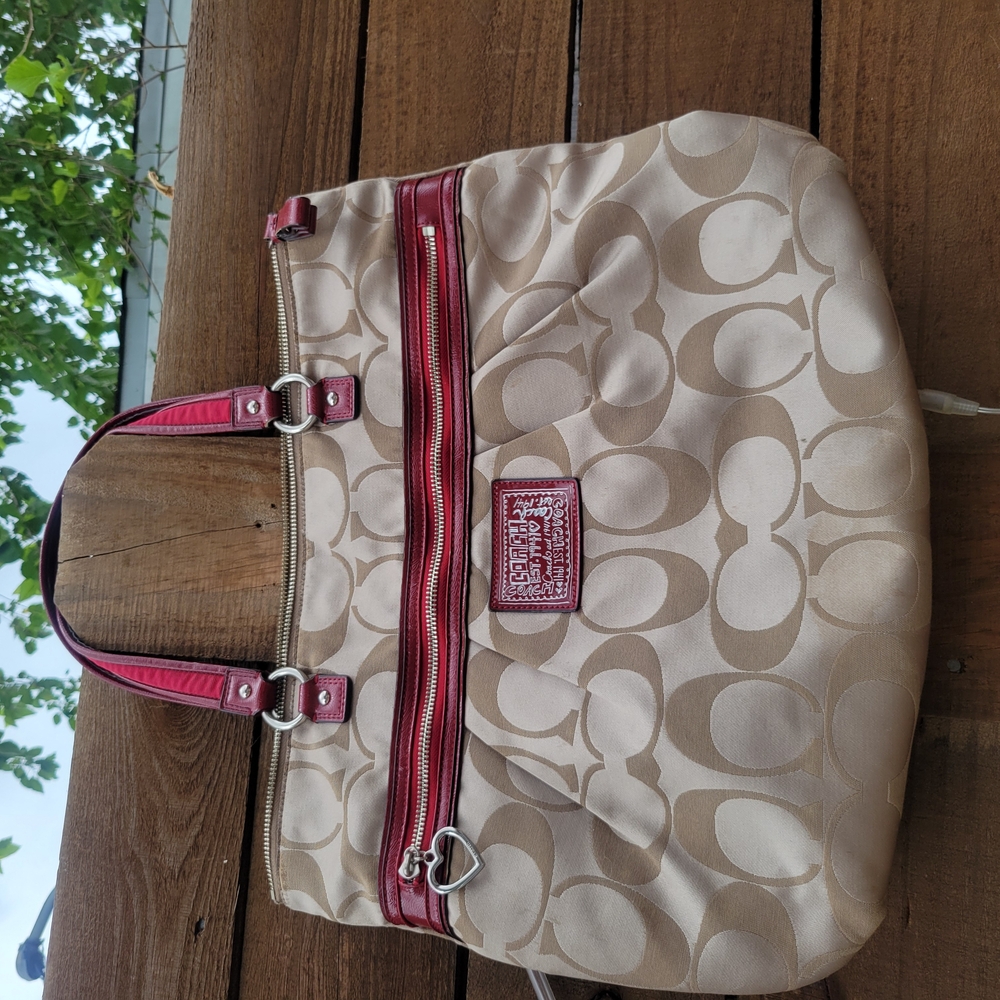 Coach Cream and Red Tote Bag with Signature Design